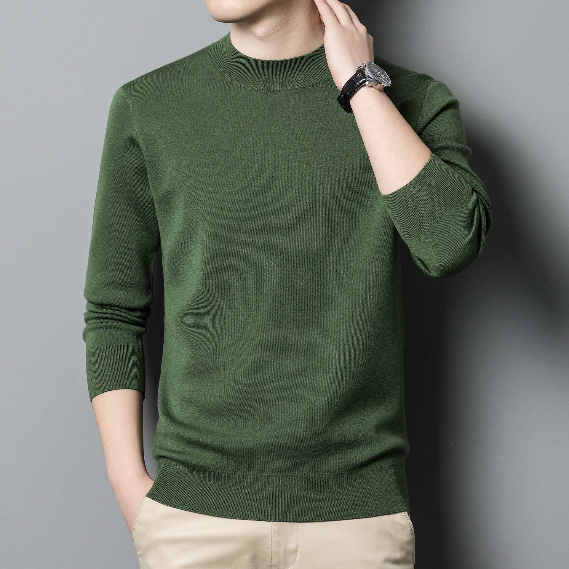 【100%美利奴羊毛+四平加厚+抗起球】精纺羊毛衫男半高领纯色毛衣