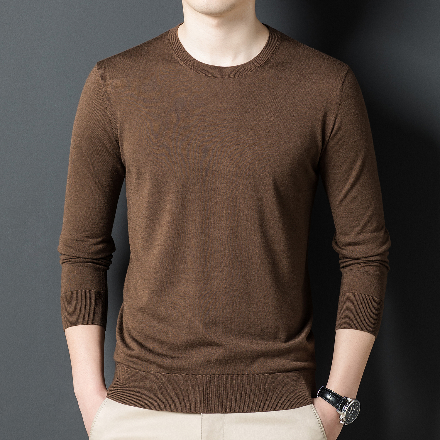 超薄款低圆领80支精纺100%羊毛衫