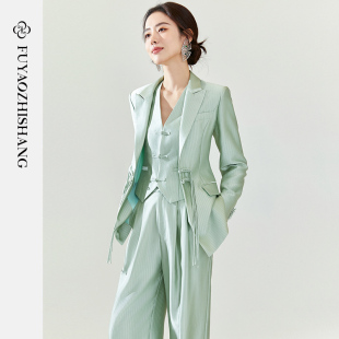 套装 外套两件套女春高级感休闲时尚 中国风盘扣绿色西装 FUYAO扶摇
