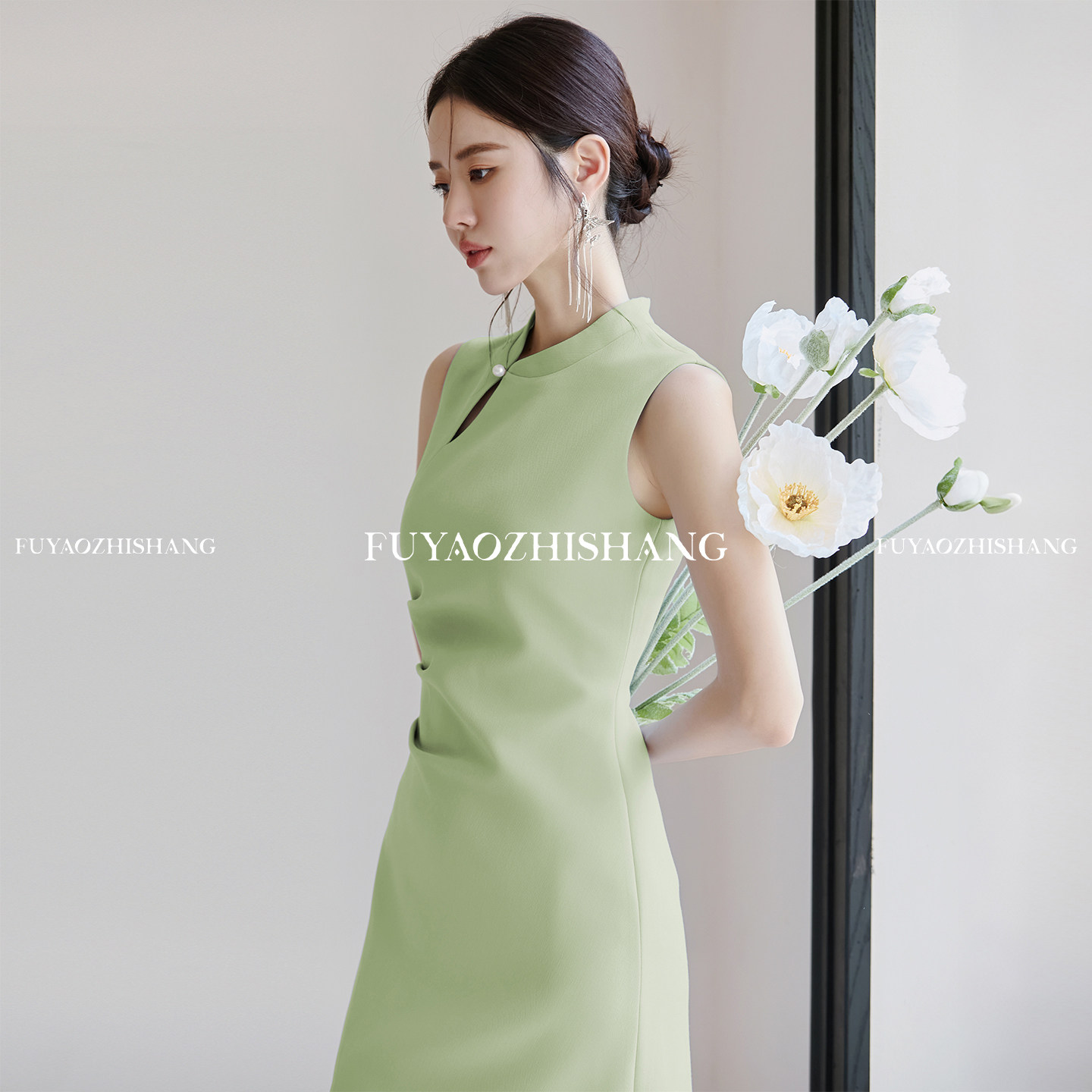 FUYAO扶摇直上 新中式旗袍连衣裙女绿色优雅气质裙子闲游西湖穿搭