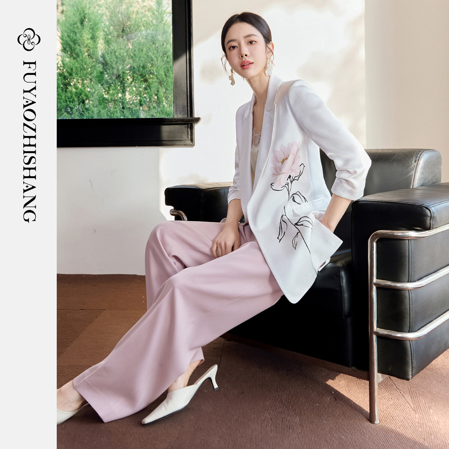 FUYAO扶摇直上 自然主义花朵西装套装女夏宽松挺括西服舒适两件套