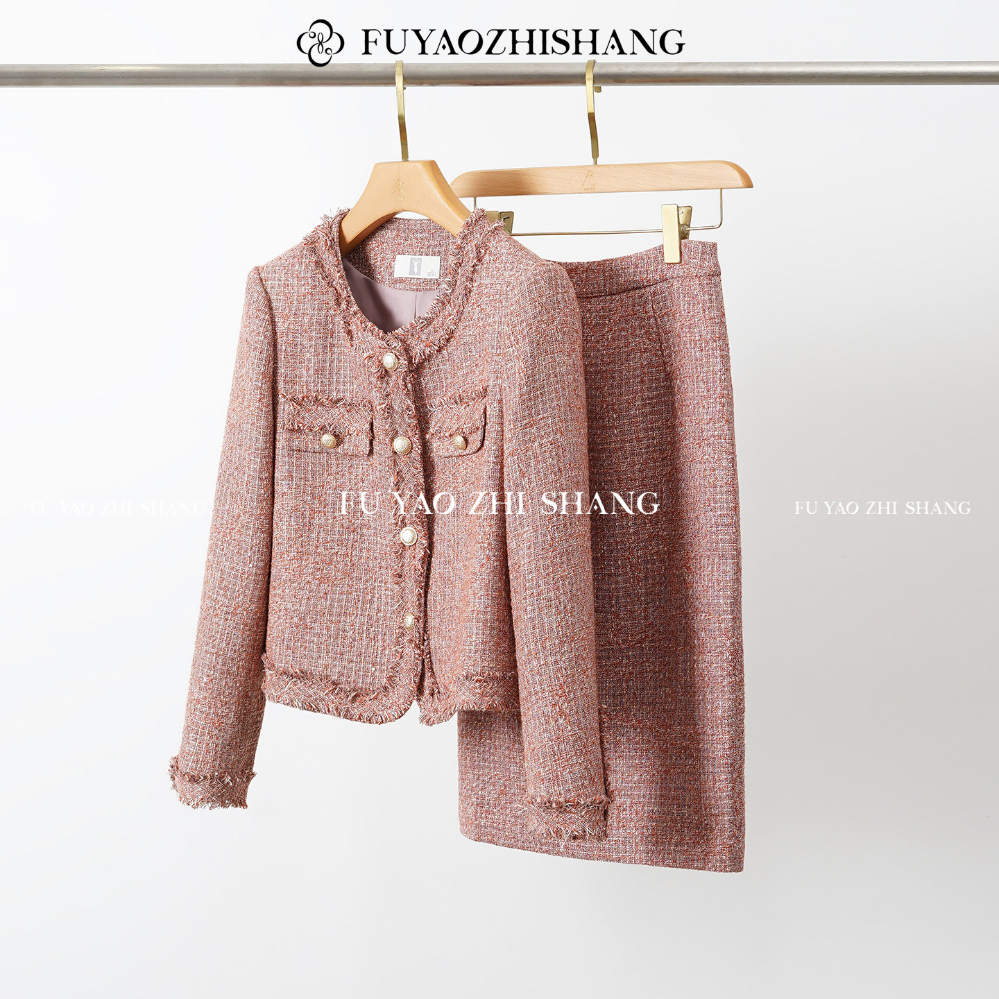 FUYAO扶摇直上 粉色小香风两件套女春高级感粗花呢西装外套半身裙,女装/女士精品,时尚套装,淘宝优惠券,粉丝福利购,淘宝优惠卷