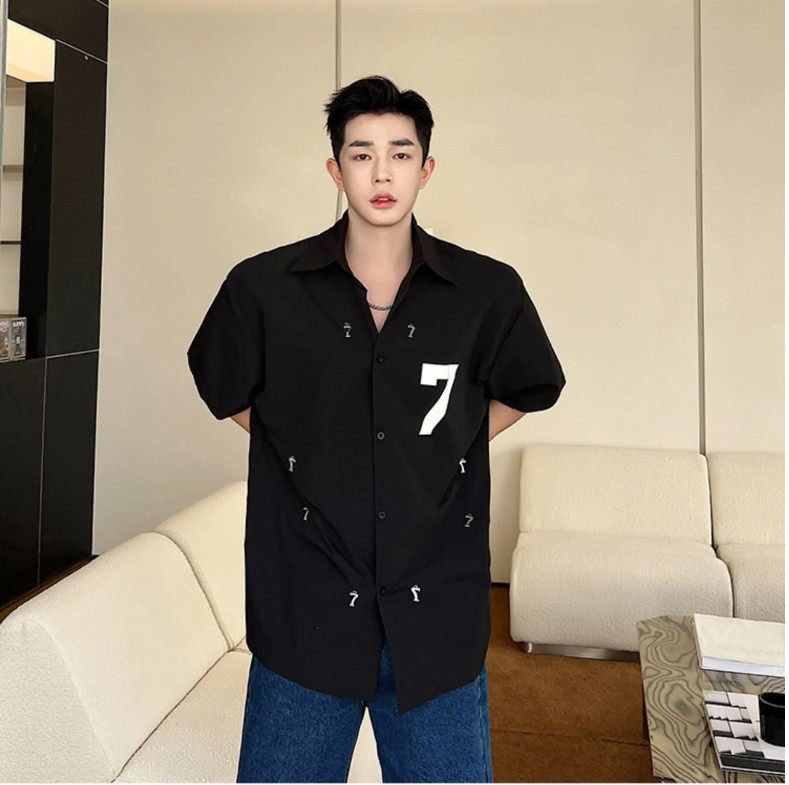 【精品】满68包邮◆2026夏季青少年韩版潮流金属装饰设计短袖衬衫