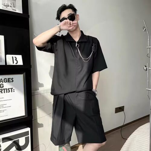 【断码优品】满68包邮◆2025夏季男港风冰丝时尚百搭链条休闲套装