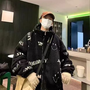 精品 情侣款 满68 2025冬季 港风潮流羊羔毛笑脸锁棉棉衣 包邮