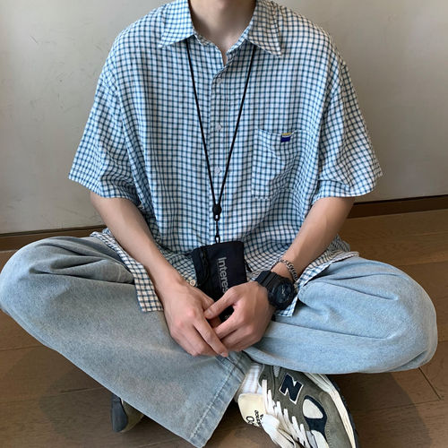 【精品】满68包邮◆2026夏季青少年港风潮流时尚细格子短袖衬衫