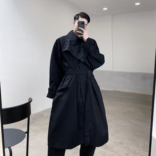 【精品】清完关店◆暗黑个性翻领小众错位复式气质长款潮流风衣