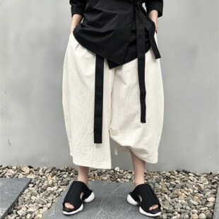 【精品】清完关店◆2026夏季男山本暗黑系棉麻不规则裤脚休闲短款