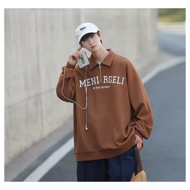 【精品】满68包邮◆2025春秋青少年港风潮流华夫格刺绣字母卫衣潮