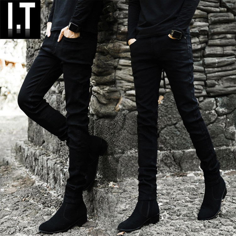 2024秋冬加绒黑色牛仔裤男潮牌韩版潮流小脚弹力裤子紧身休闲长裤