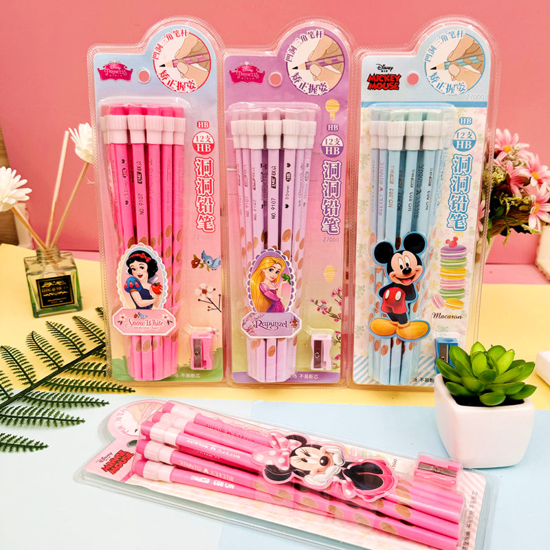 迪士尼公主高颜值铅笔三角杆洞洞铅笔男女生12支装带橡皮头小学生正姿握笔儿童幼儿园铅笔