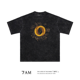 7AM-指环王魔戒中土地图水洗做旧美式复古纯棉宽松短袖T恤