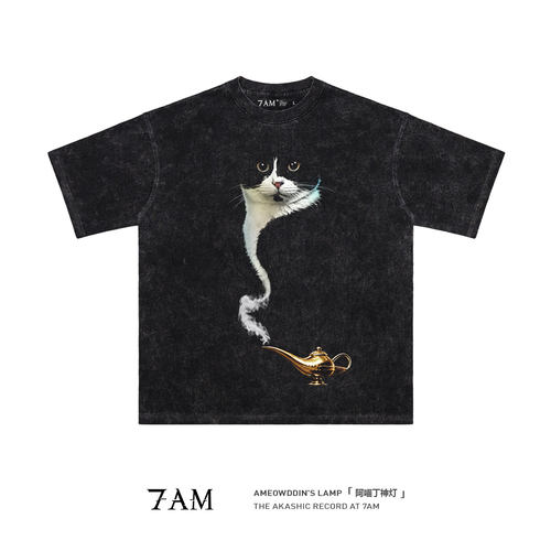 7AM-阿喵丁神灯极简创意小众宠物猫许愿水洗做旧纯棉宽松短袖T恤