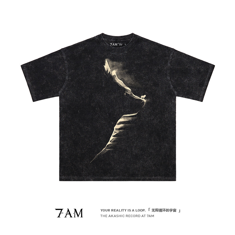 7AM-你的世界是一个无限循环小众水洗做旧纯棉短袖T恤抽象ins