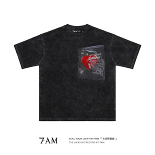 小众潮牌男T恤 水洗做旧复古纯棉宽松短袖 7AM 心灵保鲜袋美式