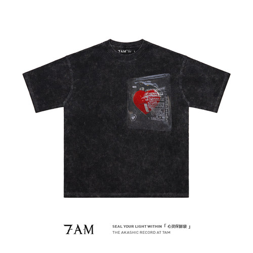 7AM-心灵保鲜袋美式水洗做旧复古纯棉宽松短袖小众潮牌男T恤