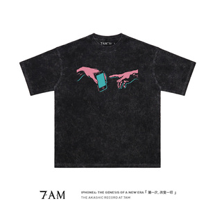 vintage复古潮牌纯棉短袖 7AM 乔布斯iphone4纪念T恤水洗做旧美式