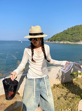 嘉言 2026春季女装上衣十三行新品荡领蕾丝花边长袖显瘦打底衫