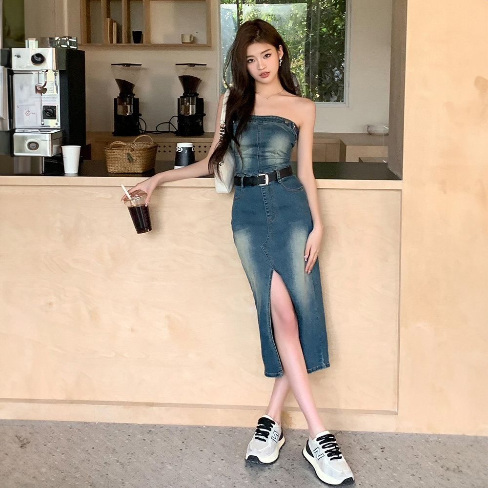 SKYA 一字肩抹胸裙牛仔性感辣妹包臀裙子连衣裙 女装