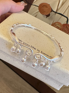 足银999.9 纯银手镯开口铃兰花花藤手镯 民族风古法高级感银镯子