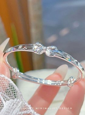 [4-9岁]大童竹节银手镯女纯银9999足银镯子年轻银饰实心手环皮肤