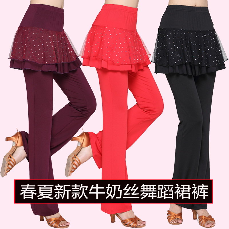 广场舞裤子新款春夏蕾丝亮片喇叭裙裤舞蹈裤裙女假两件长裤练功裤