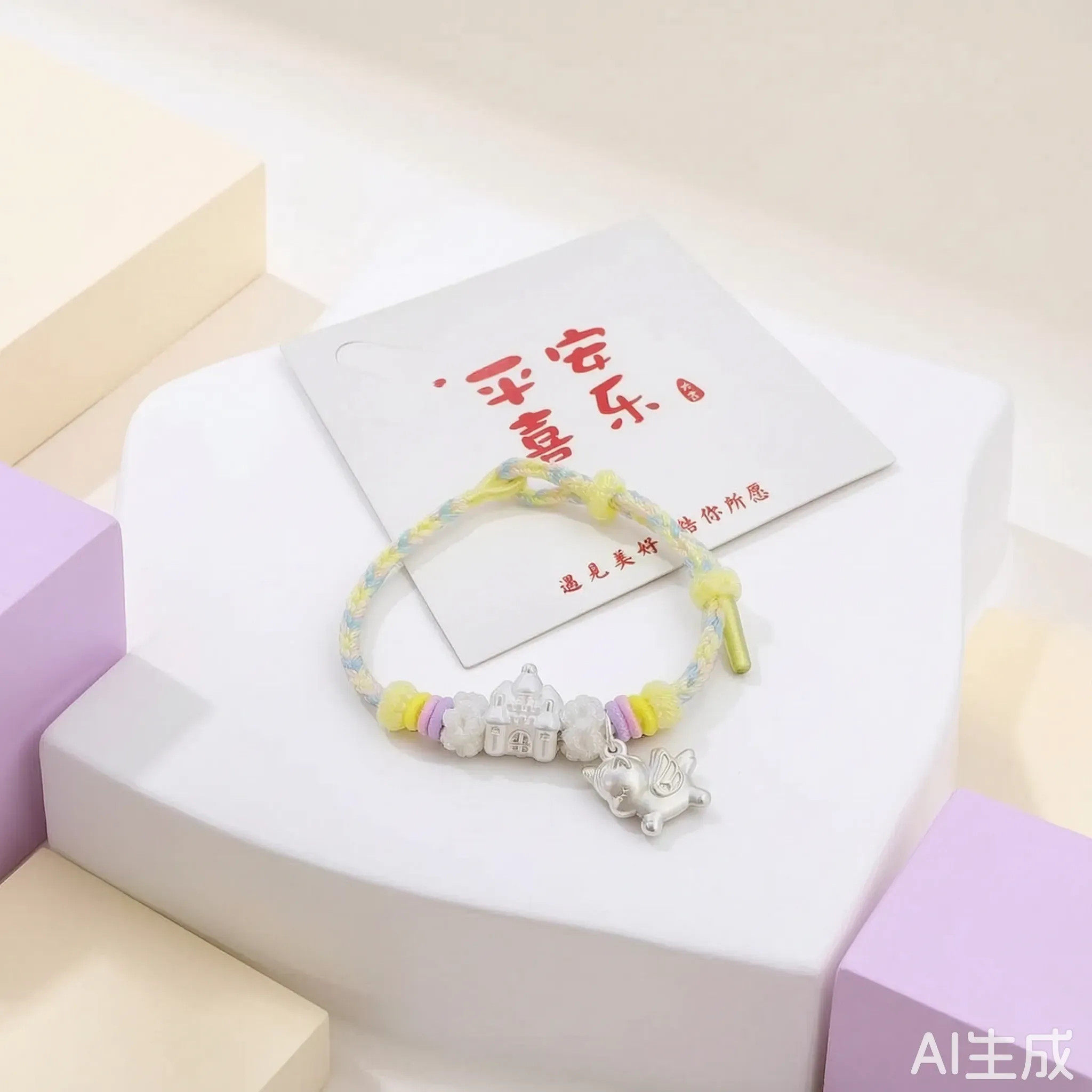 999足银精品城堡独角兽手绳卡银饰手链