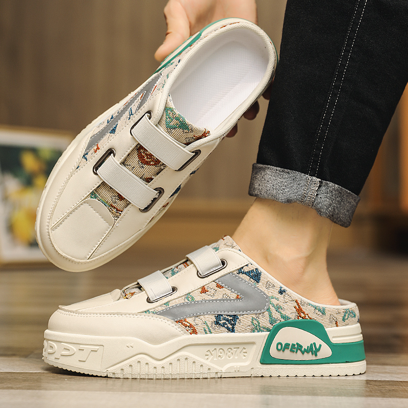 帆布半拖鞋男夏天外穿无后跟男生板鞋懒人一脚蹬学生小众半托男鞋