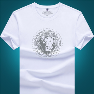 韩版 修身 品牌短袖 上衣半袖 T恤男圆领狮子头印花体恤衫 丝光棉夏季