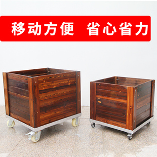 可移动带轮户外木花箱室外庭院正方形加厚实木花盆碳化防腐木花盆