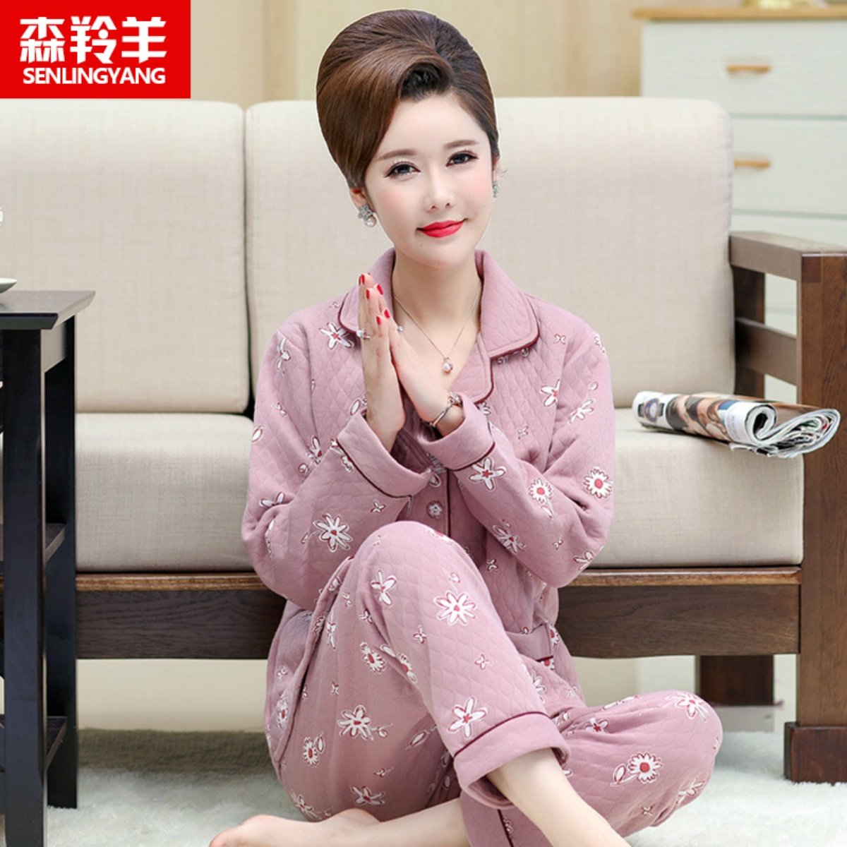 秋冬季中老年妈妈长袖空气夹层薄夹棉睡衣女加厚纯棉家居服套装女,女士内衣/男士内衣/家居服,睡衣/家居服套装,淘宝优惠券,粉丝福利购,淘宝优惠卷