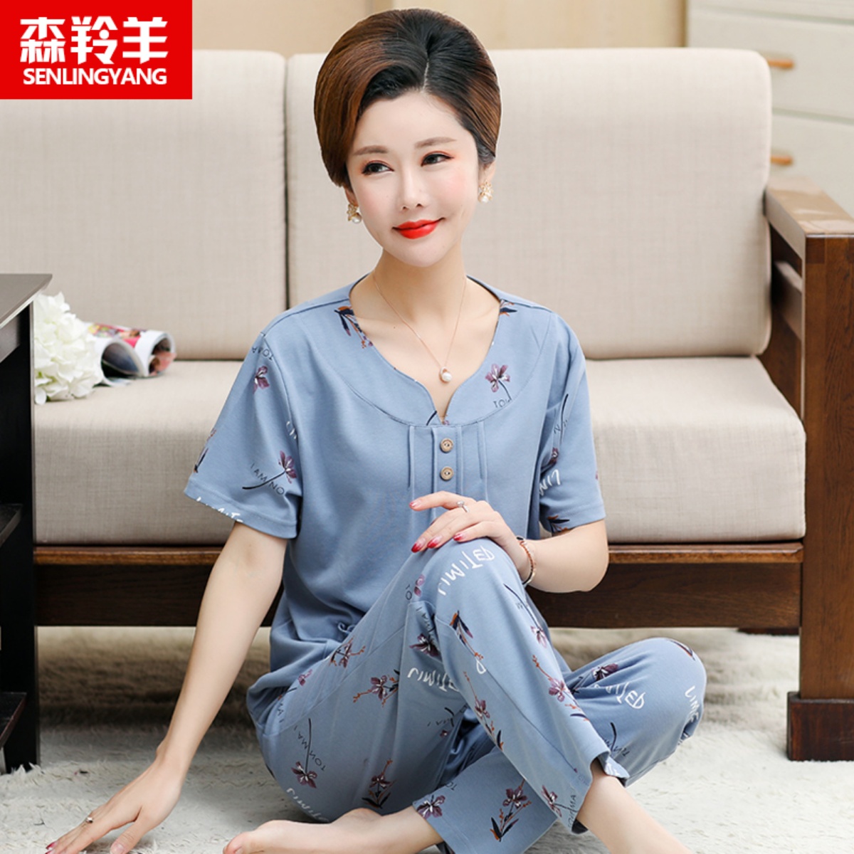 中老年圆领加肥加大码妈妈睡衣