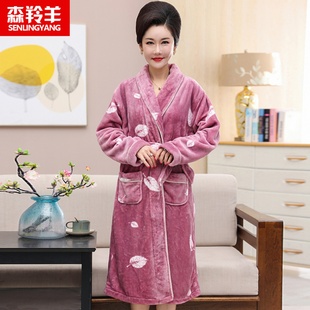 珊瑚绒加厚睡袍秋冬季 加绒保暖女士法兰绒睡衣浴衣 中年妈妈中长款