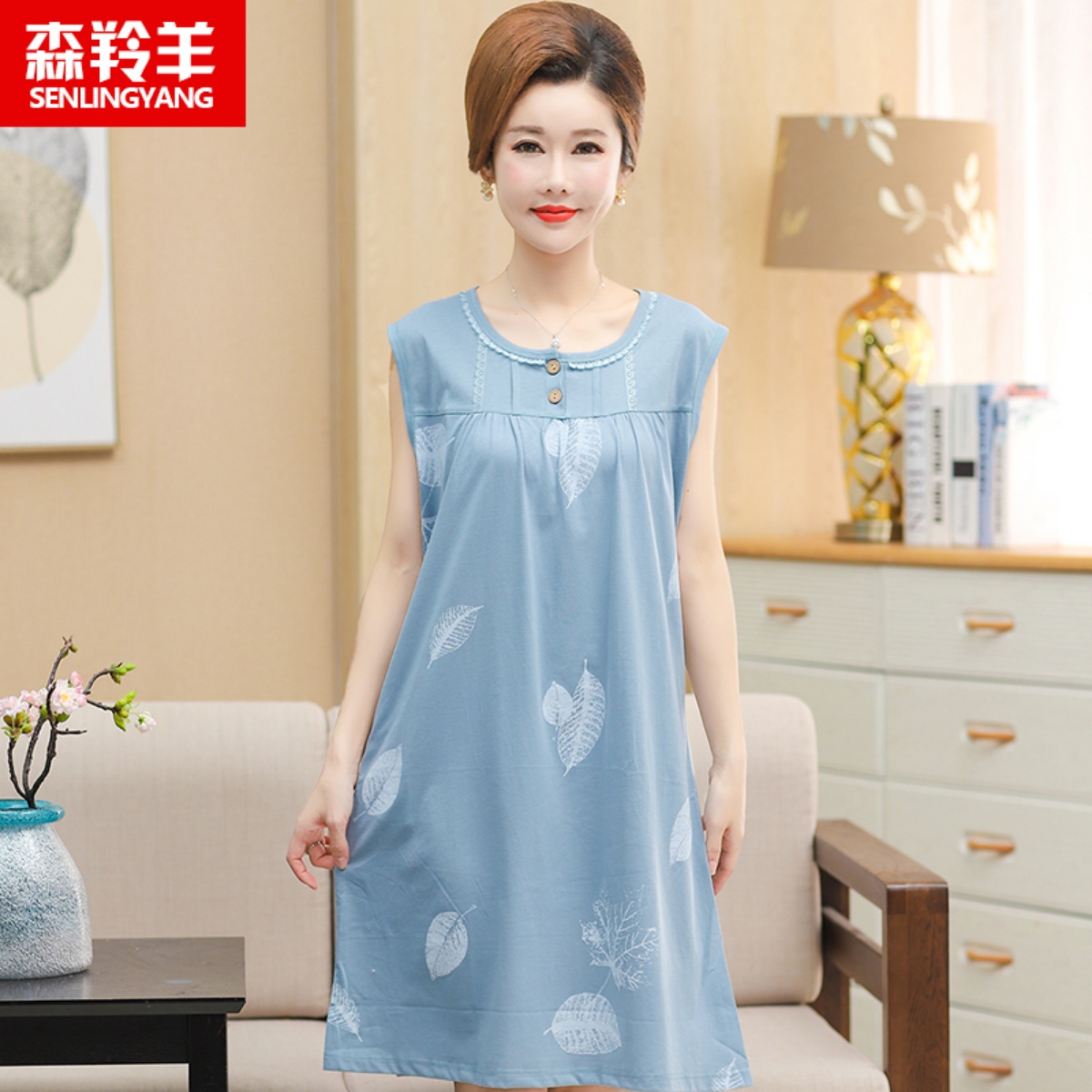 纯棉睡裙中老年背心中长款