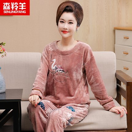 中年珊瑚绒睡衣女秋冬加厚加绒套头冬季妈妈法兰绒保暖家居服套装