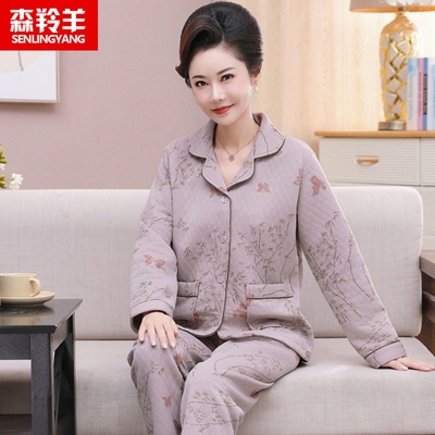 中年妈妈纯棉夹层睡衣套装秋冬款