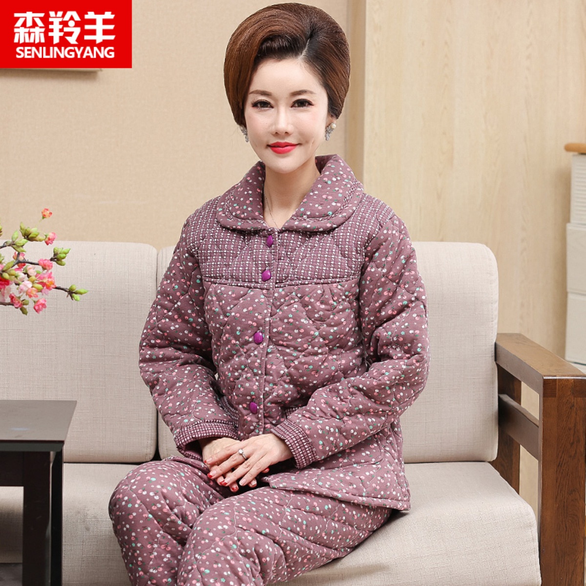 三层夹棉家居服秋冬季中年