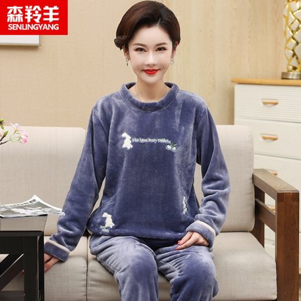 妈妈珊瑚绒睡衣女秋冬季中老年人加厚法兰绒加大码家居服保暖套头