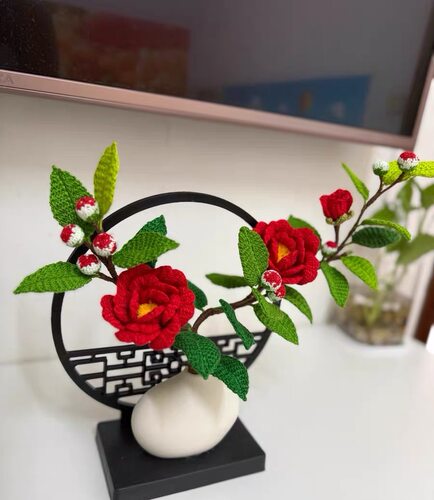DIY成品手工编织毛线钩织仿真山茶花居家摆件
