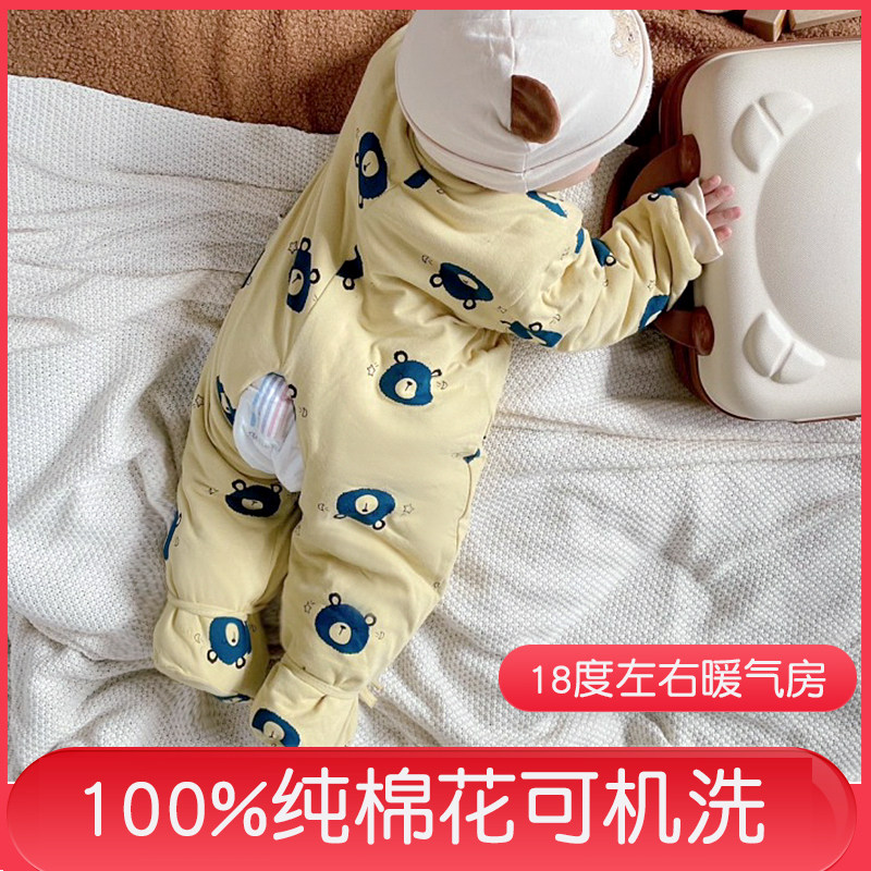 纯棉花婴儿连身棉衣可机洗秋冬