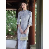 中袖 春季 旗袍2026新款 年轻款 收腰连衣裙 蓝色国风中式 复古修身 长款