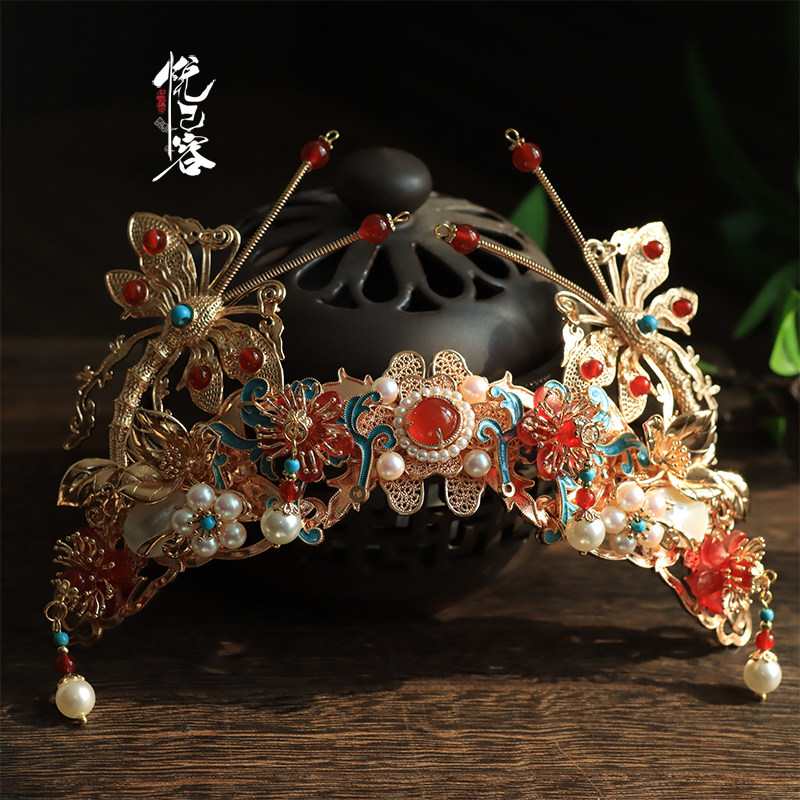 悦己容[玉琅嬛]复古风头饰戏曲风发冠国风长流苏发簪掩鬓红球点缀