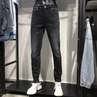 品牌男装(JJ家)秋冬款男士商务休闲牛仔裤男款修身小脚黑灰色长裤