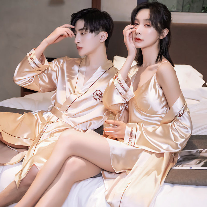 情侣睡衣春秋薄款冰丝男士套装女性感丝绸花边睡袍休闲韩版家居服