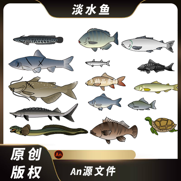 an鱼类沙雕动画钓鱼淡水鱼鲫鱼鲤鱼青鱼鲟鱼鲶鱼清道夫草鱼素材