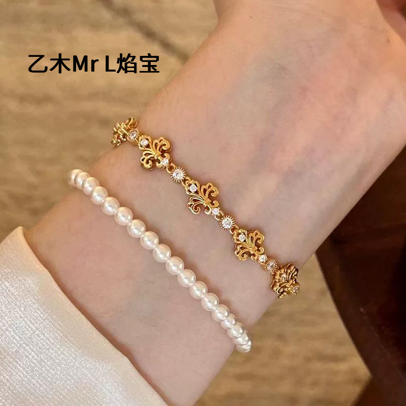 隆隆金S925纯银镀金古法拉丝金鸢尾花复古宫廷风精致手链可调节