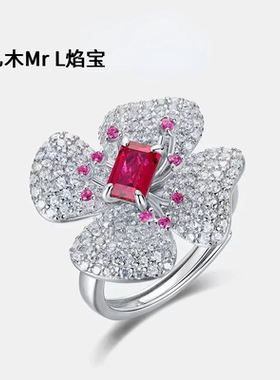 跨境四叶草花瓣培育红宝戒指S925纯银满镶彩宝锁骨项链耳环轻奢