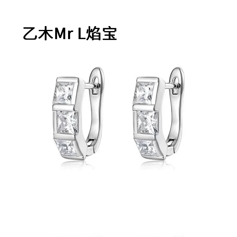 S925银正方莫桑石耳环耳圈耳扣不对称排镶个性设计高级感2026新款