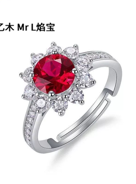 欧美新款太阳花培育红宝戒指女轻奢风S925纯银开口戒高级跨境热销