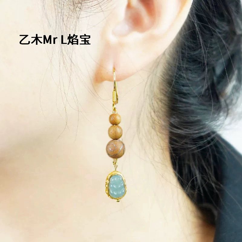 小叶紫檀手工木镶银祥云耳饰轻奢高级感耳环饰品S925耳线一叶暴富